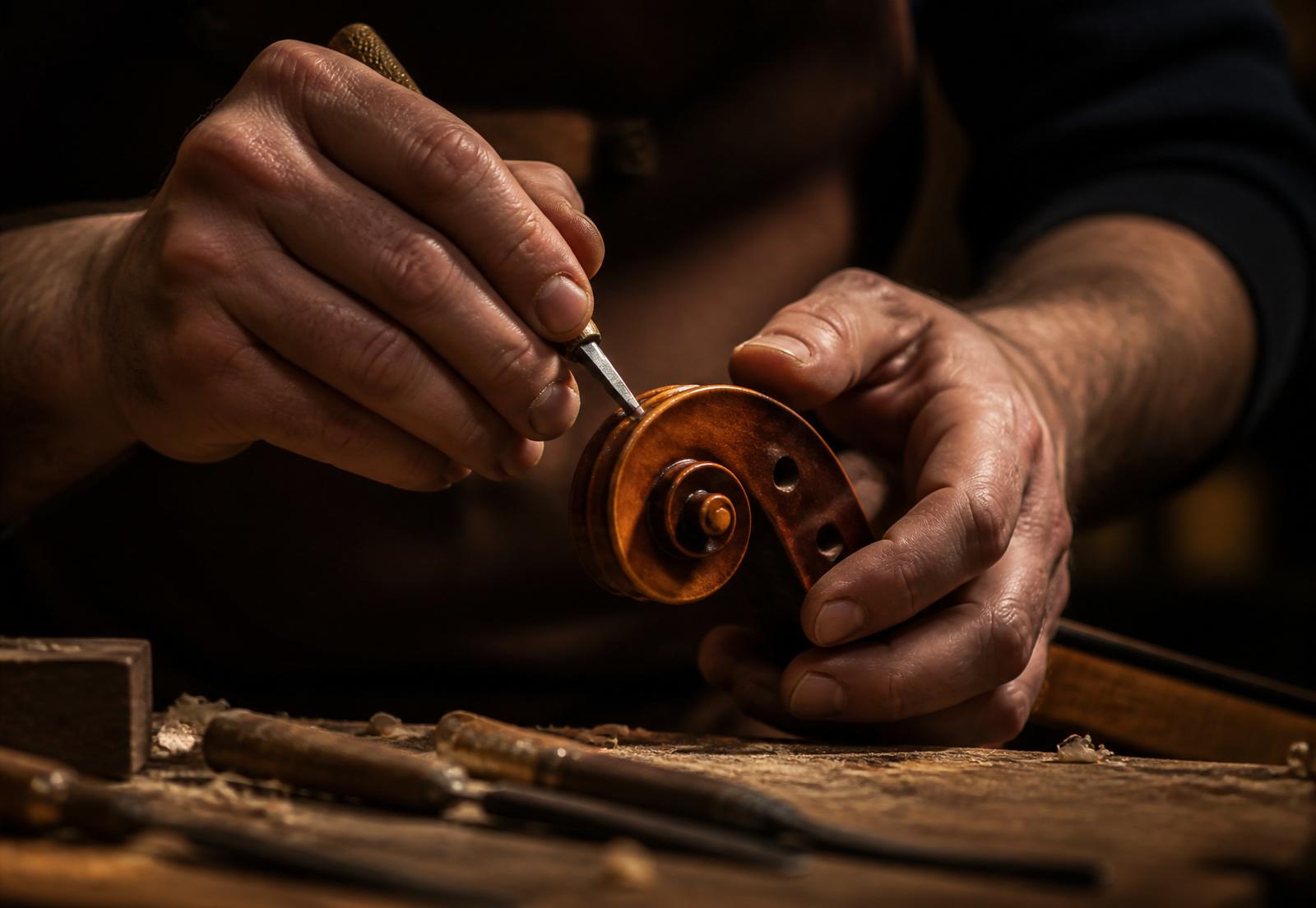 Luthier carving a violin scroll on the workbench